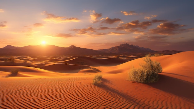 A desert landscape with a sunset in the background