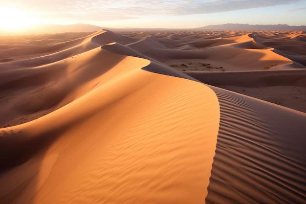 A desert landscape with a sunset in the background