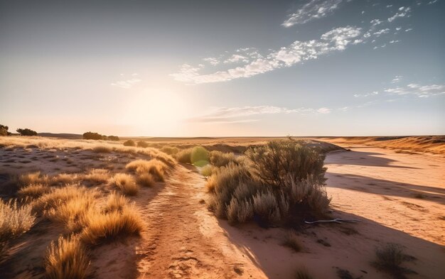 A desert landscape with a sunset in the background