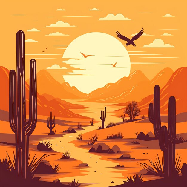 a desert landscape with a sunset and birds flying above the desert