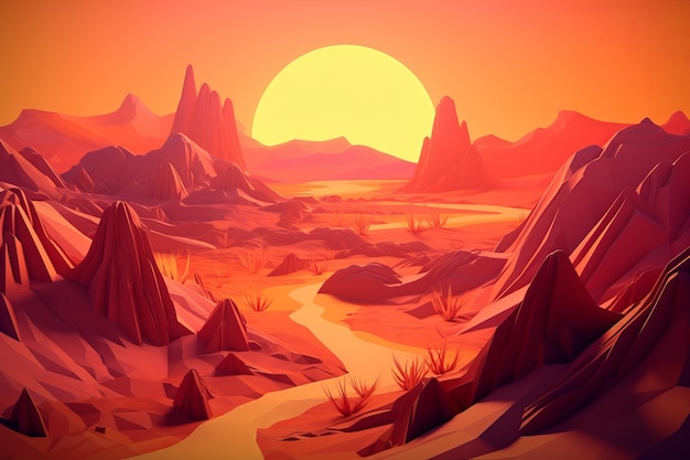 A desert landscape with a sunset and a desert scene.