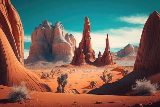 Desert landscape with thin and tall red rock formations created with generative ai