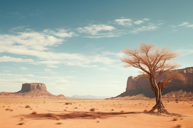 a desert landscape with a tree in the middle of it