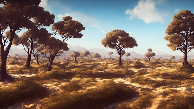 Desert landscape with trees and mountains