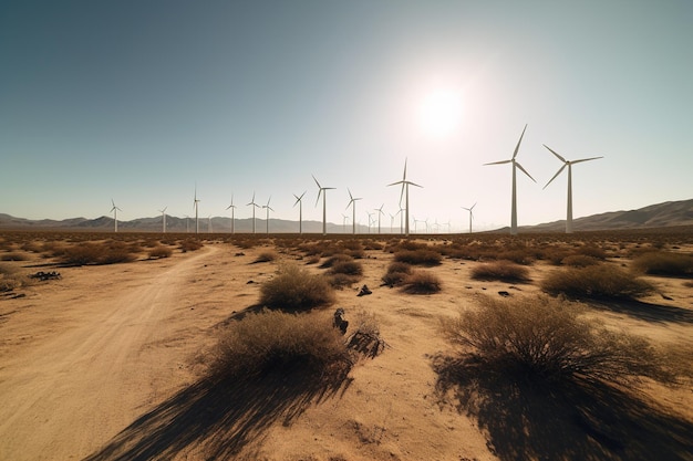 Пустынный пейзаж с ветряными турбинами, генерирующим искусственный интеллект