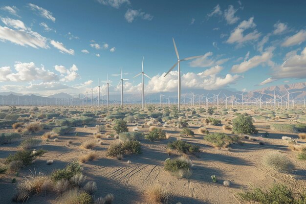 a desert landscape with windmills in the background