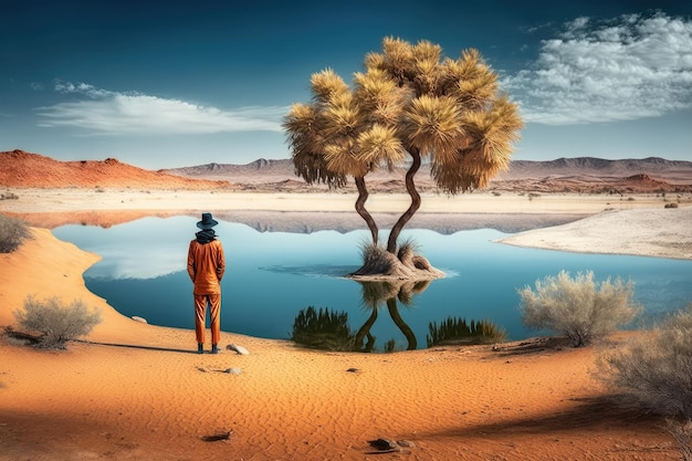 Photo desert man standing by shore of lake in desert