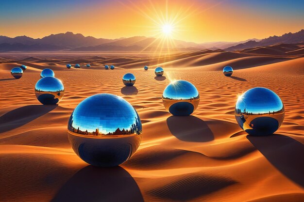 Photo in the desert many mirror balls are jumping along the high sultry hills