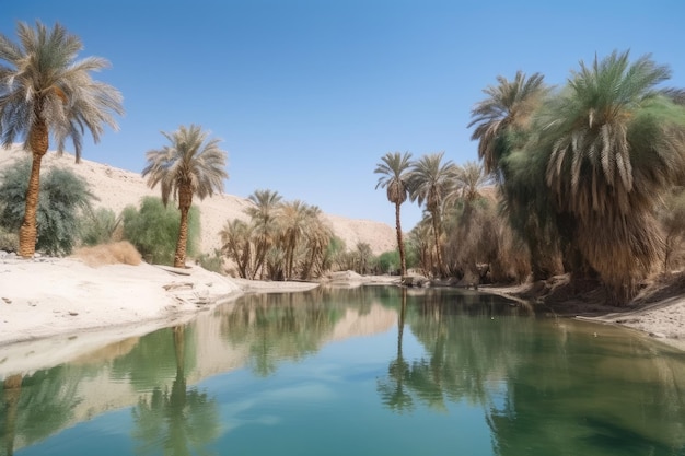 Desert mirage of beautiful oasis with palm trees and clear blue water