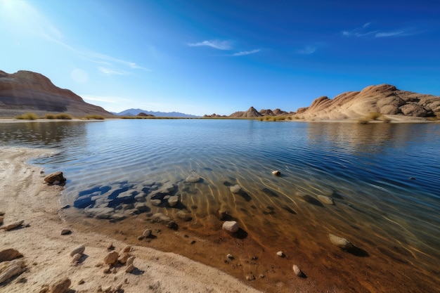 Desert mirage of crystalclear lake with warm sun and blue sky shining down