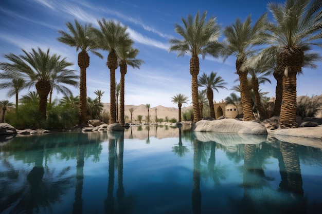 Desert mirage of crystalclear pool with palm trees and blue sky in the background