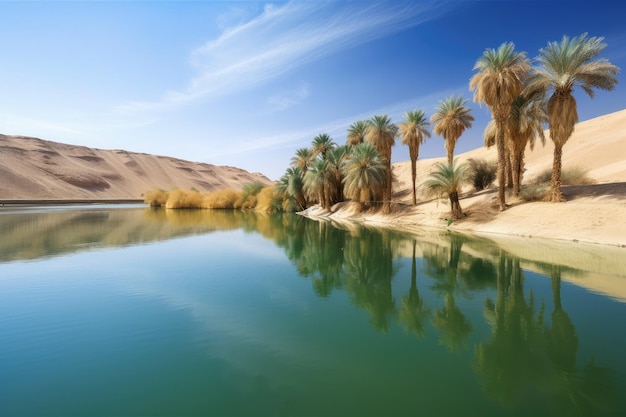 Фото Пустынный мираж красивого оазиса с пальмами и чистой голубой водой