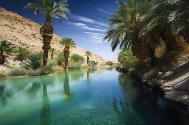 Фото Пустынный мираж пышного оазиса с пальмами и чистой голубой водой
