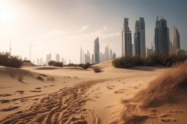 Пустынный мираж возвышающихся небоскребов, отражающий современность и развитие города.