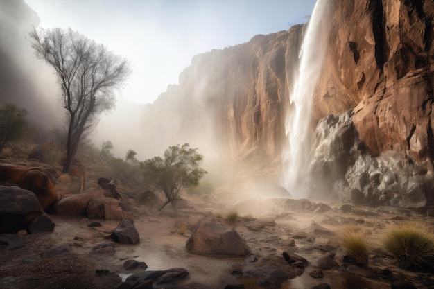 Desert mirage of towering waterfall with mist and spray visible