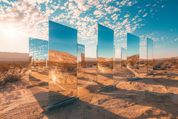 Desert Mirror Installation Reflecting the Sky at Sunset