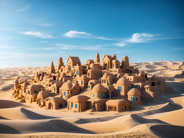 a desert neighborhood with houses made entirely of sand