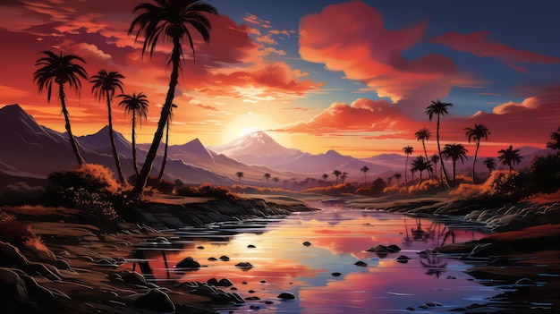 Оазис пустыни С восходом и заходом солнца с пальмами и отражающим бассейном