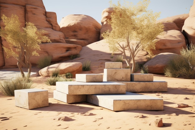 Desert Oasis Innovative Stone Slabs and Brick Pedestals for Perfect Outdoor Ambiance