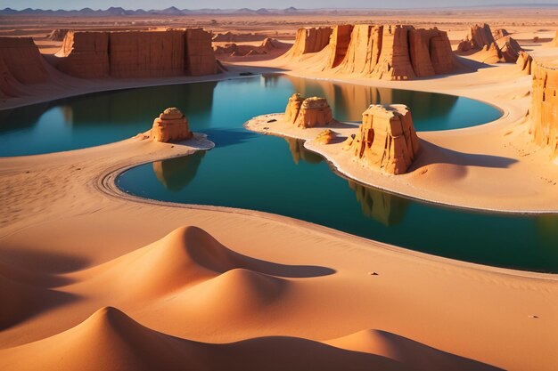 사진 사막 오아시스 호수 물 원천은 모래 벽지 배경 일러스트에 신선한 물을 놀라게합니다.