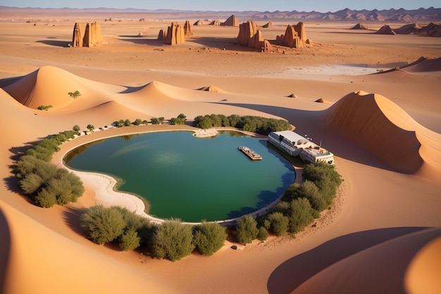 Desert oasis lake water source surprise fresh water in the sand wallpaper background illustration