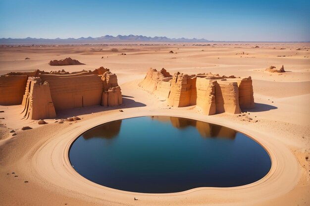 Desert oasis lake water source surprise fresh water in the sand wallpaper background illustration