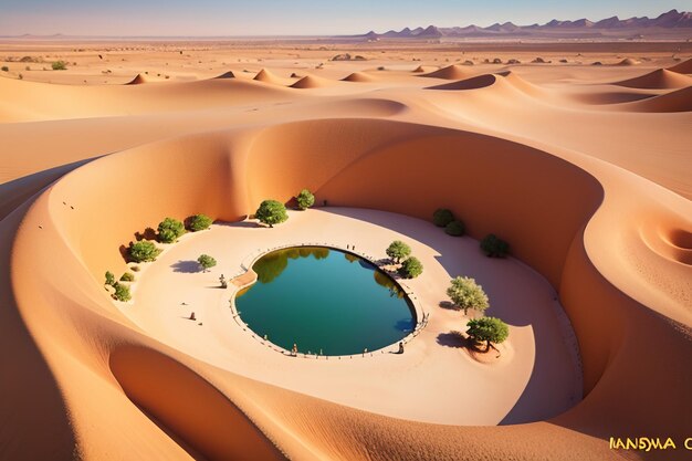 Desert oasis lake water source surprise fresh water in the sand wallpaper background illustration