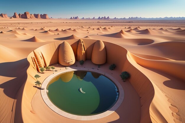 Desert oasis lake water source surprise fresh water in the sand wallpaper background illustration