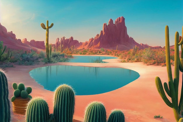 Desert Oasis Pond and Cactus illustrator background