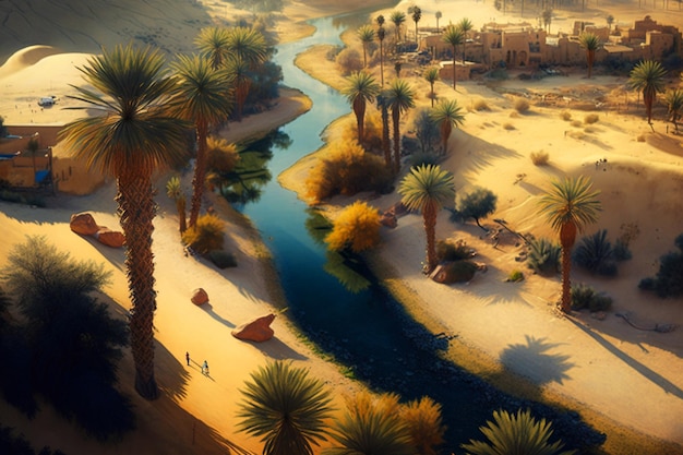 Desert Oasis A Serene Retreat Amidst the Arid Landscape with Palm Trees Winding River and Camels in Golden Hour Light