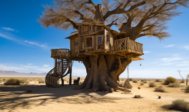 A desert oasis a solitary tree house amidst the arid sands a tree house in the middle of the desert