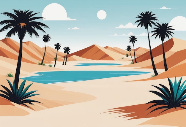 A desert oasis surrounded by sand dunes and palm trees