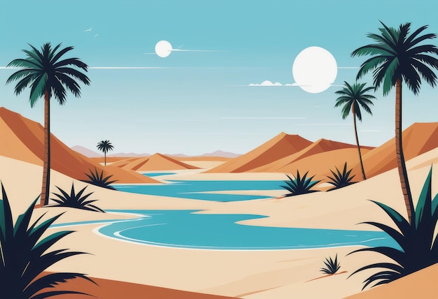 A desert oasis surrounded by sand dunes and palm trees