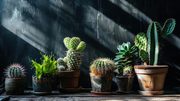 Photo a desert oasis vibrant cacti collection flourishing atop a rustic wooden table