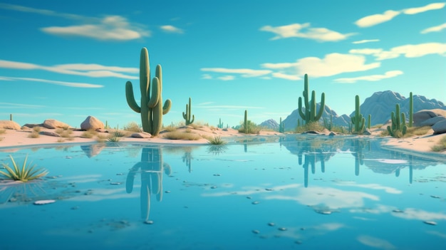 A desert oasis with cactus and rocks surrounding a serene pool of water