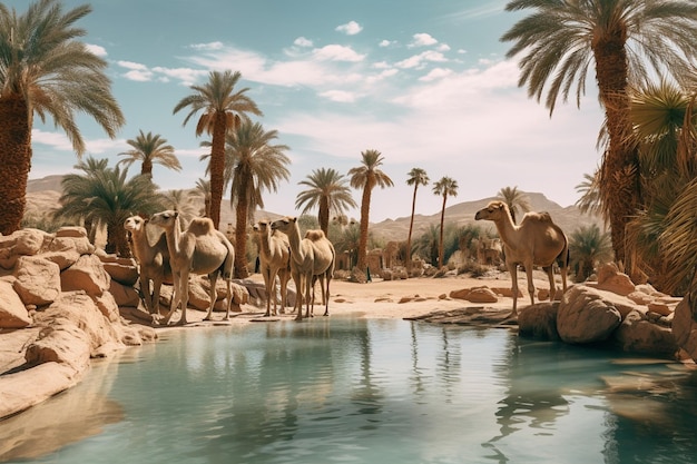 Фото Оазис в пустыне с верблюдами, отдыхающими в тени
