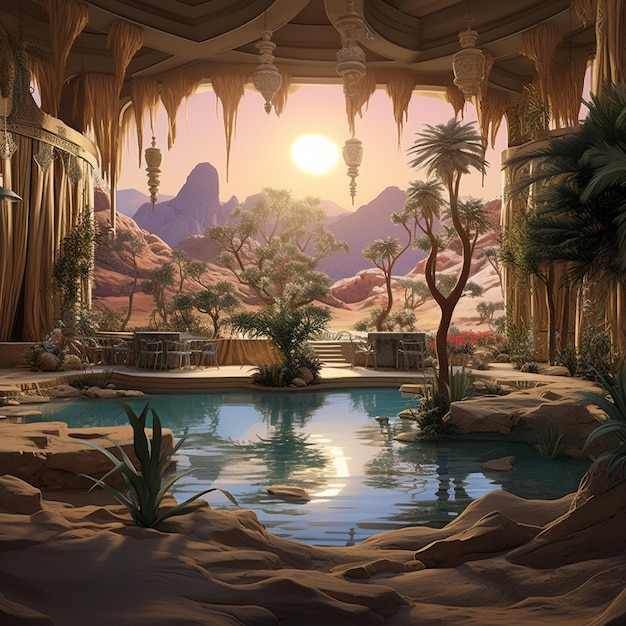 Premium AI Image A desert oasis with a genies lamp