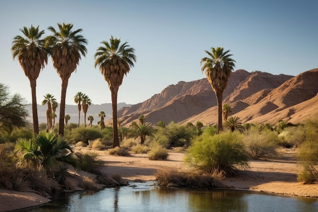Desert oasis with palm trees and cliffs