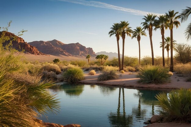 Photo desert oasis with palm trees and cliffs