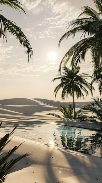 Photo desert oasis with palm trees swaying and a shimmering pool of water background with copyspace