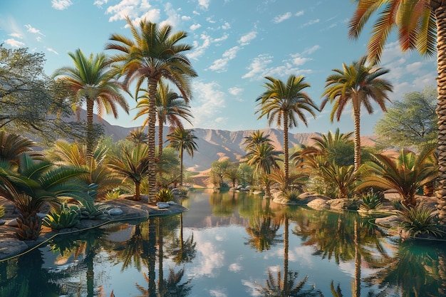 Desert oasis with palm trees and a tranquil wateri