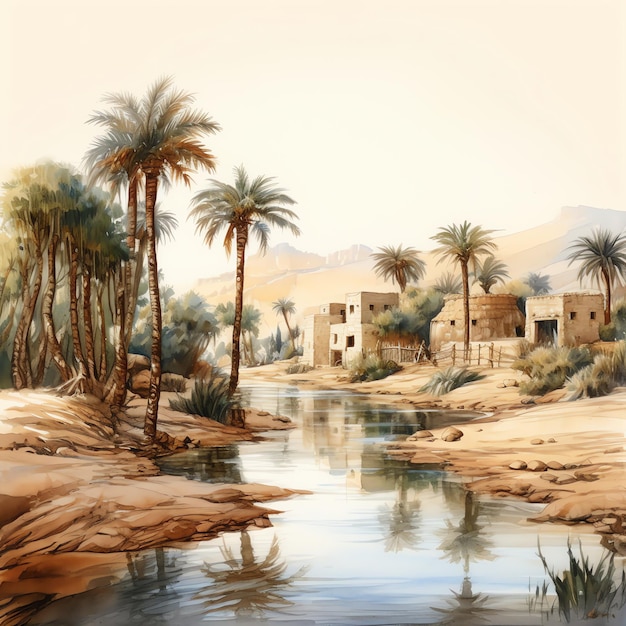 A desert oasis with a settlement and palm trees illustration