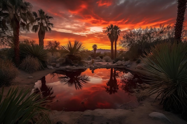 Desert oasis with view of dramatic sunrise surrounded by reds and oranges created with generative ai