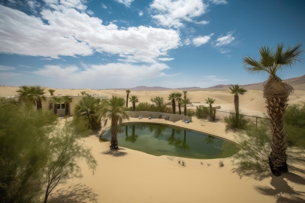 Desert oasis with view of rolling dunes and endless skies created with generative ai