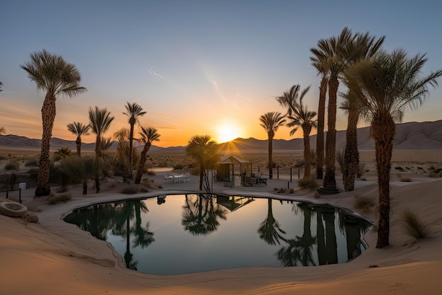 Desert oasis with a view of towering dunes and the setting sun created with generative ai