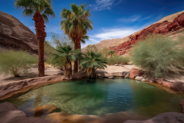 Desert oasis with water pool and palm trees surrounded by red rocks created with generative ai
