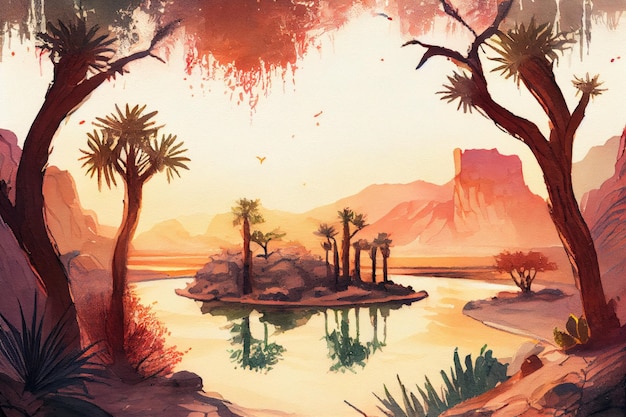 生成 AI で作成された背景に水彩の日の出を持つ砂漠のオアシス