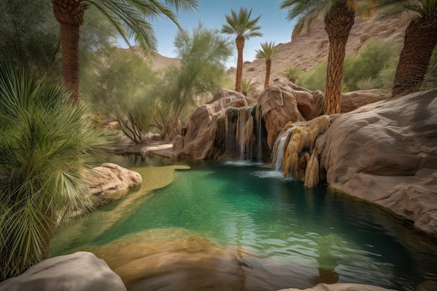 Desert oasis with waterfalls and rock pools on a mountainside created with generative ai