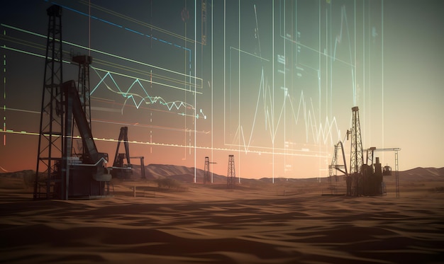 Нефтяное месторождение в пустыне Сложная 2D-иллюстрация нефтяных вышек на горизонте с реалистичным октановым рендерингом и стилизованной 3D-графикой