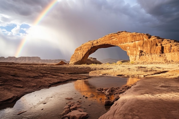写真 生成 ai で作成された、まれな暴風雨後の砂漠の虹の橋